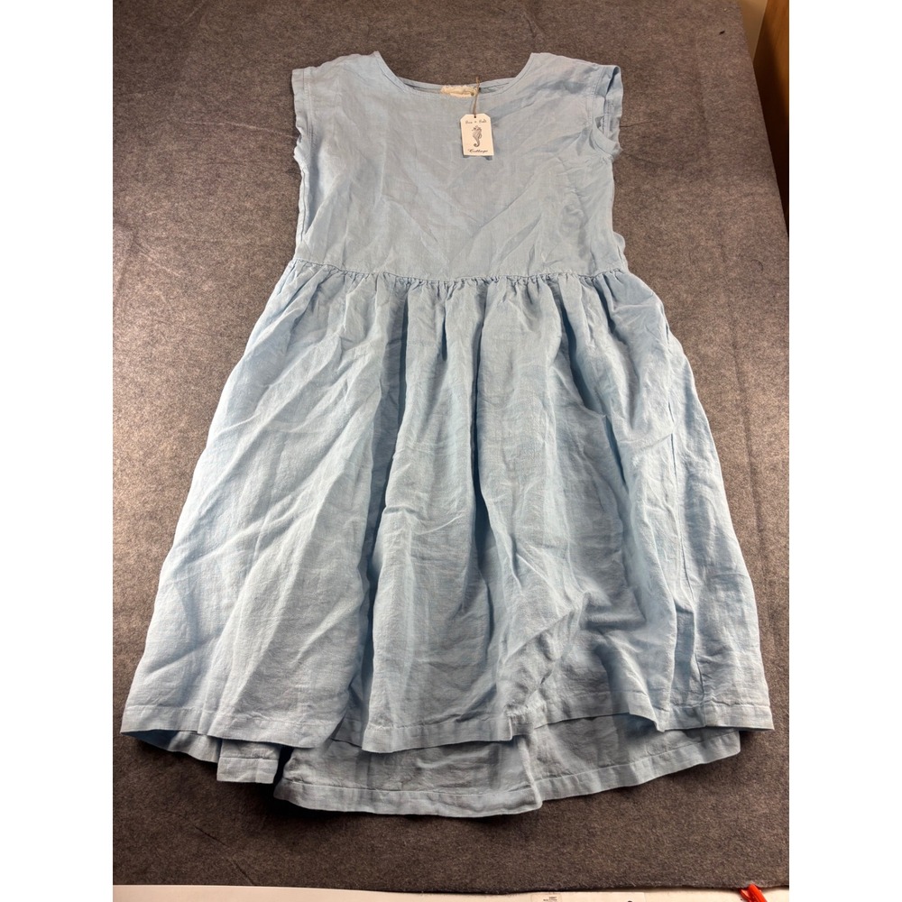 Sea + Salt Cottage Linen Midi Dress Light Blue Cap Sleeve Pockets XL NEW
